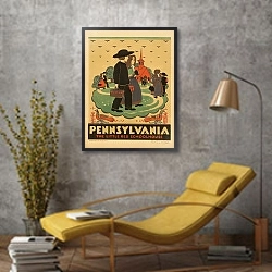 «Pennsylvania The little red schoolhouse» в интерьере в стиле лофт с желтым креслом
