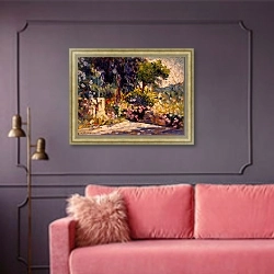 «The Flowered Terrace» в интерьере гостиной с розовым диваном