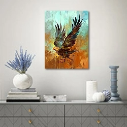 «Яркий стилизованный орел на текстурированном фоне» в интерьере современной гостиной с голубыми деталями