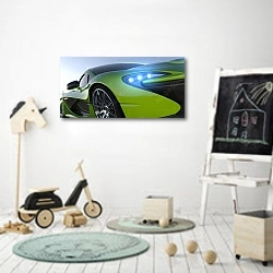 «Зелёный спорт-кар крупным планом» в интерьере детской комнаты для мальчика с самокатом