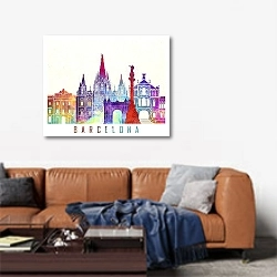 «Барселона: Водяные краски исторических чудес» в интерьере современной гостиной над диваном