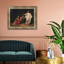 «Явление Христа Марии Магдалине после воскресения. 1835г.» в интерьере классической гостиной с зеленой стеной над диваном