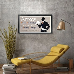 «Чистые и мягкие носовые платки Arrow, выстиранные в гигиенической упаковке» в интерьере в стиле лофт с желтым креслом