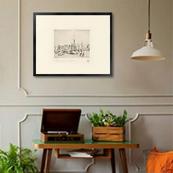 «Le port près la douane à Rouen» в интерьере комнаты в стиле ретро с проигрывателем виниловых пластинок