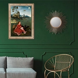 «Святой Джон на Патмосе 2» в интерьере классической гостиной с зеленой стеной над диваном