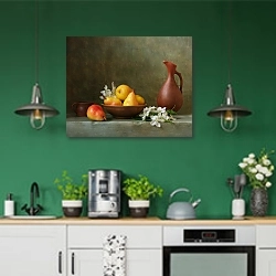 «Натюрморт с грушами и вазой» в интерьере кухни с зелеными стенами