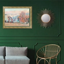 «Белый иней в Крозанте» в интерьере классической гостиной с зеленой стеной над диваном