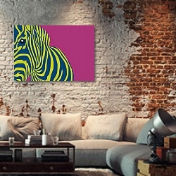 «Декоративный портрет зебры» в интерьере гостиной в стиле лофт с кирпичной стеной