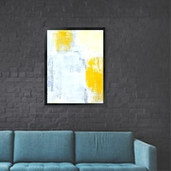 «Бело-желтая абстракция 1» в интерьере в стиле лофт с черной кирпичной стеной
