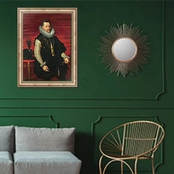 «Портрет Эрцгерцога Альберта» в интерьере классической гостиной с зеленой стеной над диваном