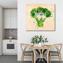 «Ешь брокколи - будь сильным» в интерьере кухни в светлых тонах над обеденным столом