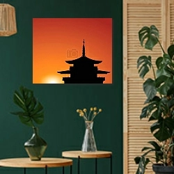 «Силуэт пагоды на закате» в интерьере в этническом стиле с зеленой стеной