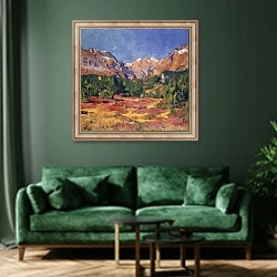 «Autumn Landscape» в интерьере зеленой гостиной над диваном
