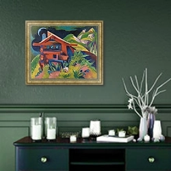 «Хижина Альфа» в интерьере прихожей в зеленых тонах над комодом