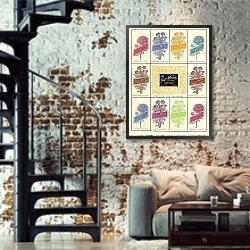 «Ault and Wiborg, Ad. 052» в интерьере двухярусной гостиной в стиле лофт с кирпичной стеной