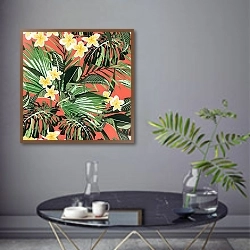 «Черные и золотые пальмовые листья на розовом фоне» в интерьере современной гостиной в серых тонах