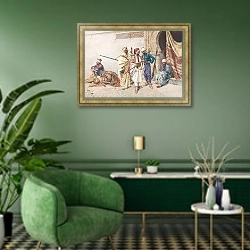 «Продавец оружия» в интерьере гостиной в зеленых тонах