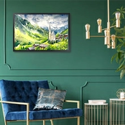 «Село Хайлигенблуте у подножия Альп в Австрии» в интерьере в классическом стиле с зеленой стеной
