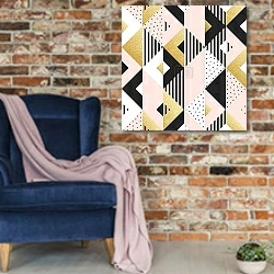 «Абстрактный геометрический узор с золотым блеском» в интерьере в стиле лофт с кирпичной стеной и синим креслом