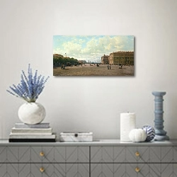 «Вид на Дворцовую площадь, Санкт-Петербург» в интерьере современной гостиной с голубыми деталями