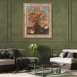 «Цветы и кошки» в интерьере гостиной в оливковых тонах