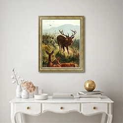 «Олень и косули на холме» в интерьере в классическом стиле над столом