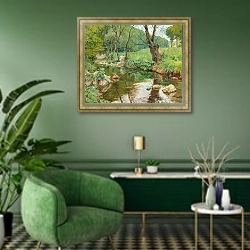 «In the Sattelbach near Heiligenkreuz» в интерьере гостиной в зеленых тонах