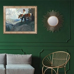 «The Pioneer and the Vision, c.1918» в интерьере классической гостиной с зеленой стеной над диваном