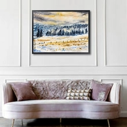 «Акварельный пейзаж зимних гор» в интерьере гостиной в бордовых тонах
