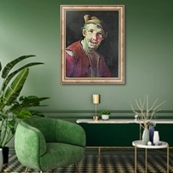 «Голова мужчины в красном» в интерьере гостиной в зеленых тонах