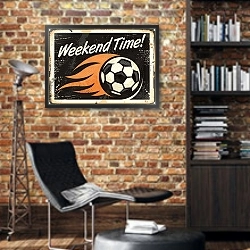 «Ретро-плакат с футбольным мячом и пламенем» в интерьере кабинета в стиле лофт с кирпичными стенами