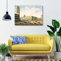 «The Catholic Church and Mikhailovskaya Street in St. Petersburg, printed by J. Jacottet and Regamey, published by Lemercier, Paris, 1850s» в интерьере современной гостиной с желтым диваном