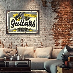 «Винтажная вывеска для гитарного магазина » в интерьере гостиной в стиле лофт с кирпичной стеной