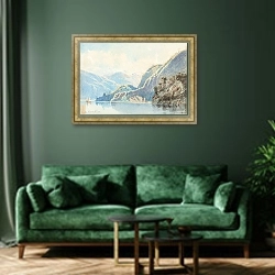 «Озеро Вакатипу» в интерьере зеленой гостиной над диваном