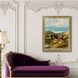 «Крупный рогатый скот и овцы на водопое» в интерьере в классическом стиле над банкеткой