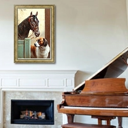 «Друзья, гнедой и Сенбернар в конюшне» в интерьере классической гостиной над камином