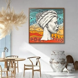 «Африканка в тюрбане на этническом узоре» в интерьере столовой в этническом стиле