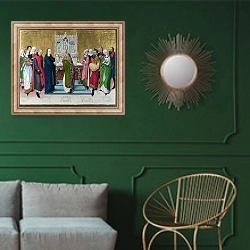 «Открытие храма 2» в интерьере классической гостиной с зеленой стеной над диваном