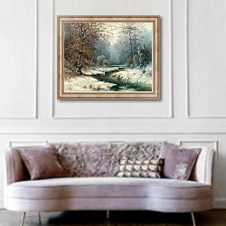 «Зимний пейзаж с рекой» в интерьере гостиной в классическом стиле над диваном