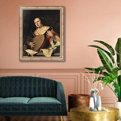 «A Lady Playing the Lute» в интерьере классической гостиной над диваном
