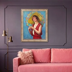 «Jeune femme à l’ombrelle» в интерьере гостиной с розовым диваном