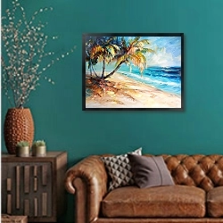 «Hot beach» в интерьере гостиной с зеленой стеной над диваном