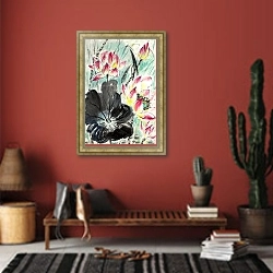 «drawing of a blossoming lotus» в интерьере прихожей в этническом стиле с красной стеной