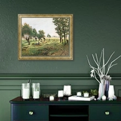 «The hay harvest» в интерьере прихожей в зеленых тонах над комодом