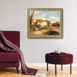 «Пасторальная сцена с лошадью» в интерьере гостиной в бордовых тонах