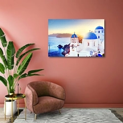 «Греция, Санторини. Вид на море» в интерьере современной гостиной в розовых тонах