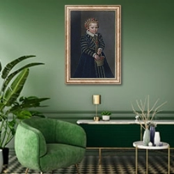 «Маленькая девочка с корзиной вишен» в интерьере гостиной в зеленых тонах