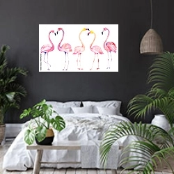 «Пять акварельных розовых фламинго» в интерьере современной спальни с черными стенами