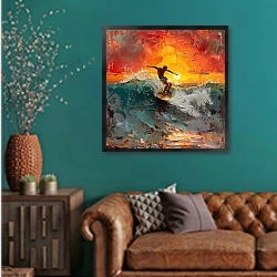 «Surfing at sunset» в интерьере гостиной с зеленой стеной над диваном