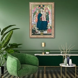 «Дева Мария и ребенок, окруженные ангелами» в интерьере гостиной в зеленых тонах